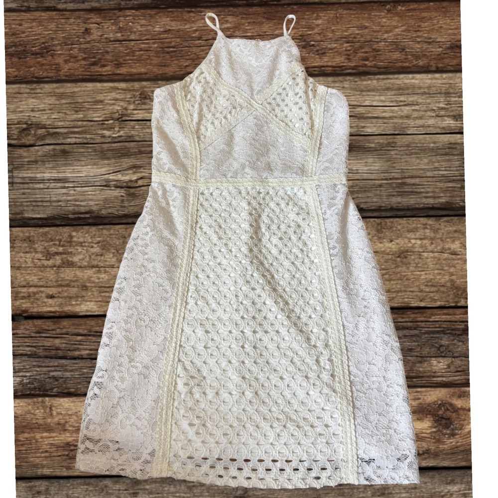 Bebe White Lace Halter Mini Dress Eyelet Coquette Cottagecore Wedding Graduation - Picture 3 of 12